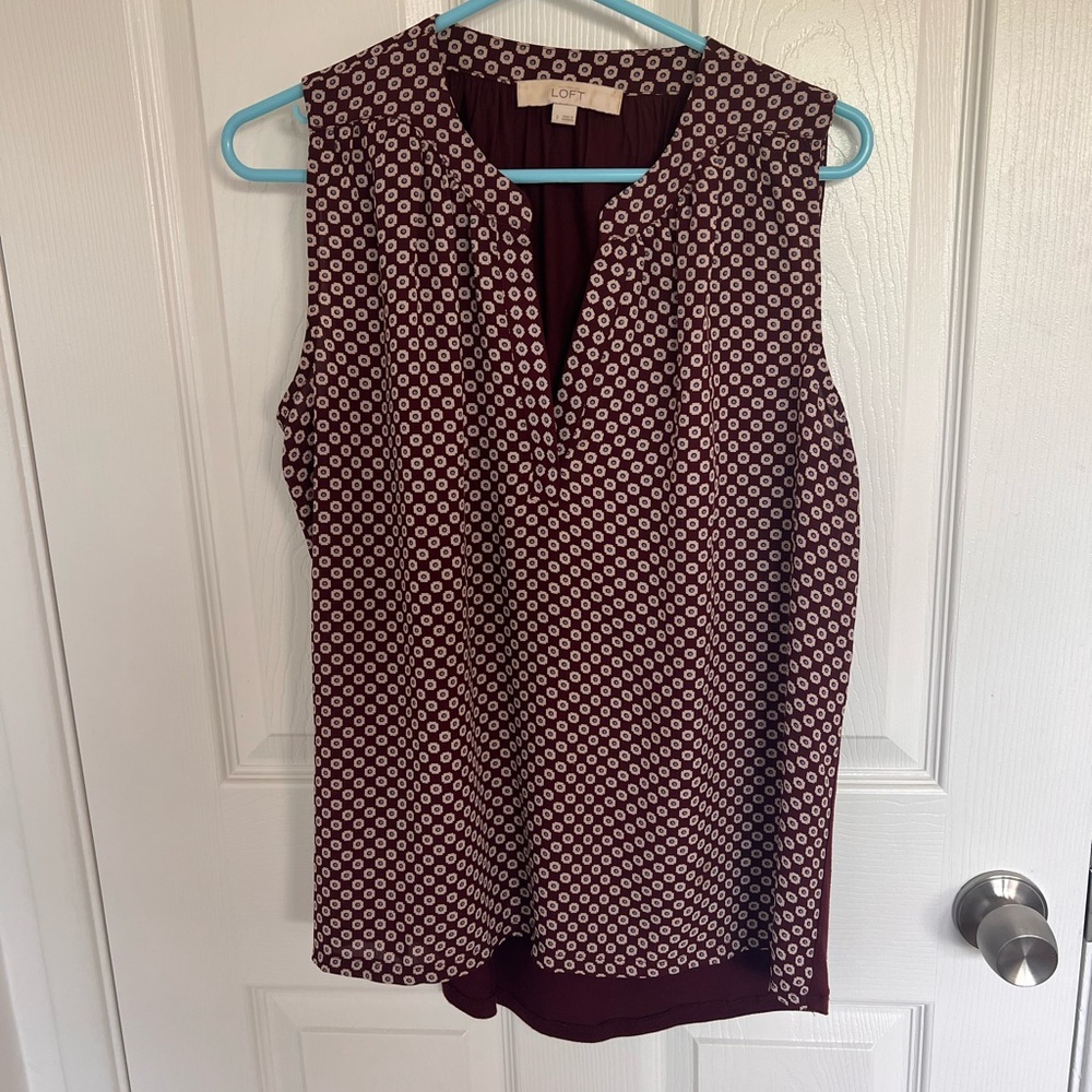 LOFT Red and White Sleeveless Blouse with Mandarin Collar, Size S